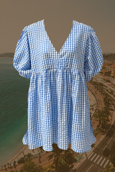 Gingham Puff Sleeve Smock Dress - Blue Gingham