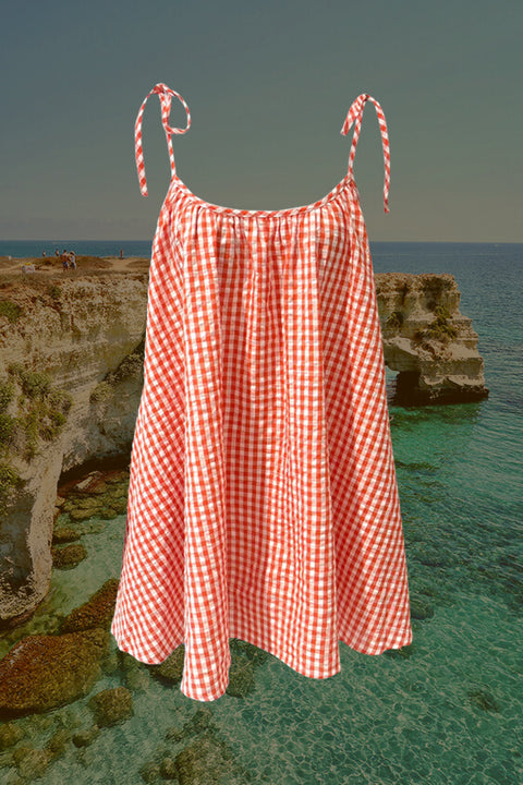 Tie Gingham Mini Dress - Orange Gingham