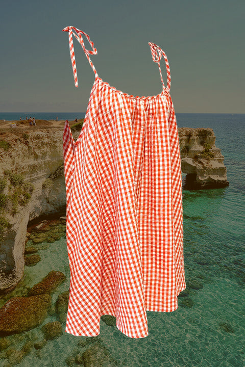 Tie Gingham Mini Dress - Orange Gingham