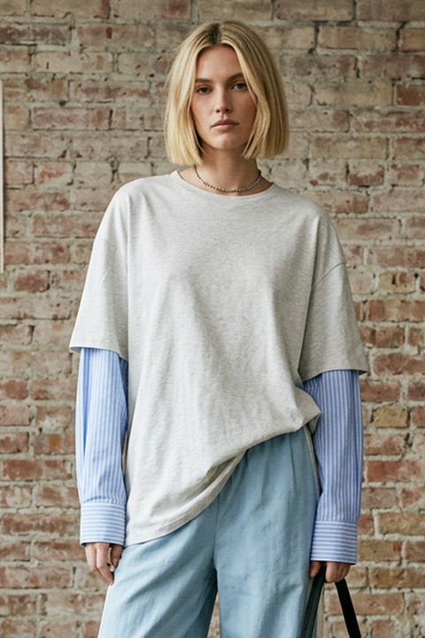 Oxford Layer Tee — Grey Marle/Blue Pinstripe