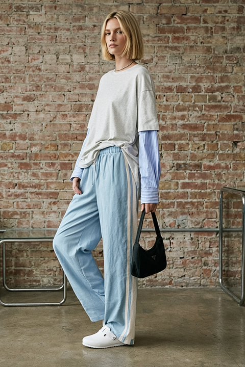 Oxford Layer Tee — Grey Marle/Blue Pinstripe