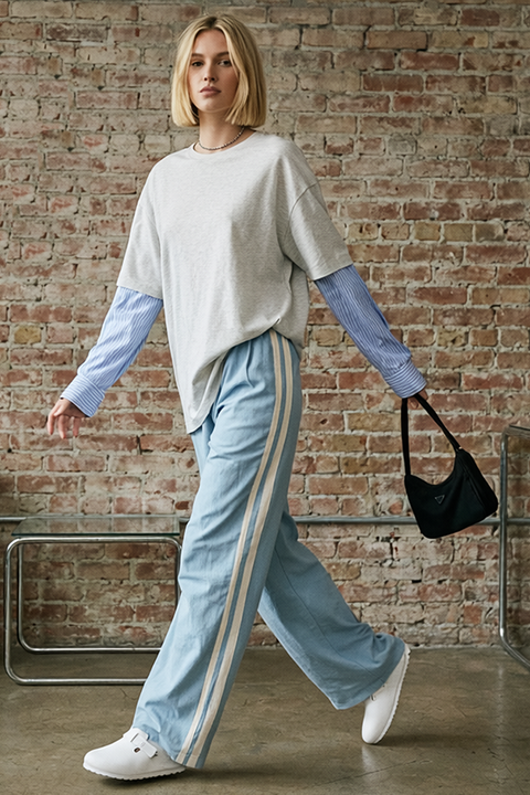 Oxford Layer Tee — Grey Marle/Blue Pinstripe