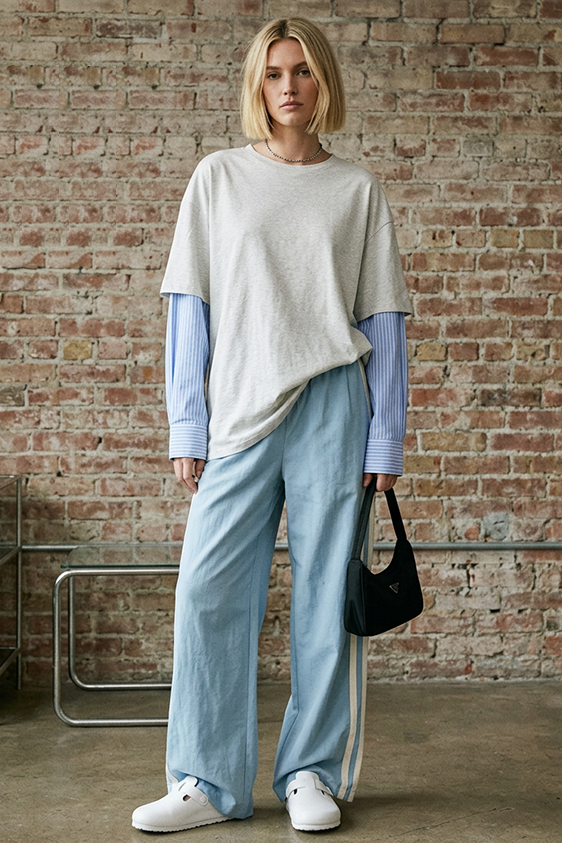 Oxford Layer Tee — Grey Marle/Blue Pinstripe