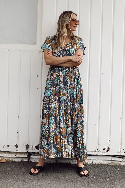 Grove Flutter Sleeve Maxi - Navy Dahlia Bloom