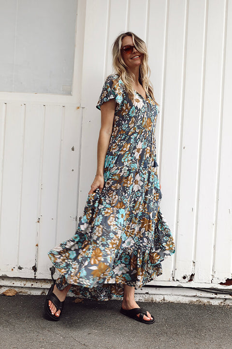 Grove Flutter Sleeve Maxi - Navy Dahlia Bloom