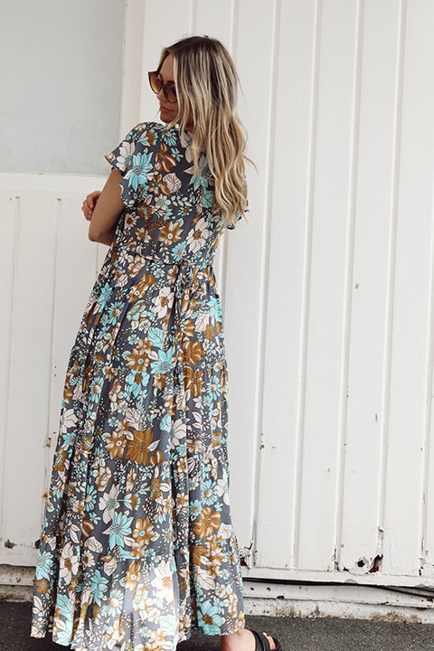 Grove Flutter Sleeve Maxi - Navy Dahlia Bloom