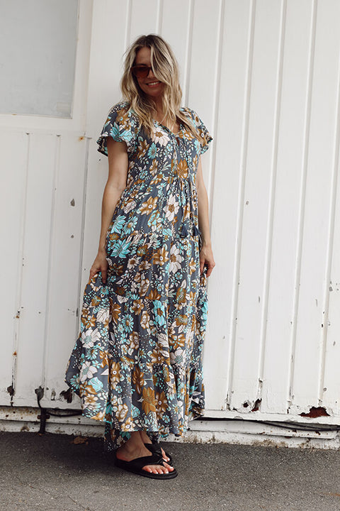 Grove Flutter Sleeve Maxi - Navy Dahlia Bloom