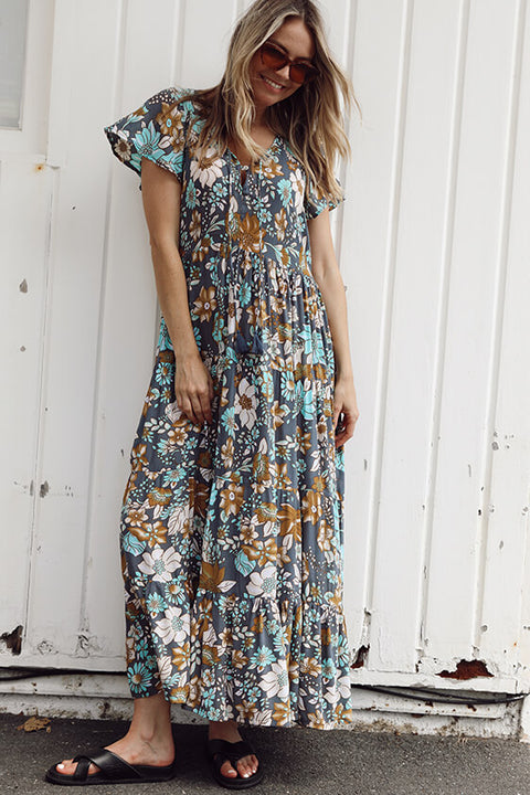 Grove Flutter Sleeve Maxi - Navy Dahlia Bloom