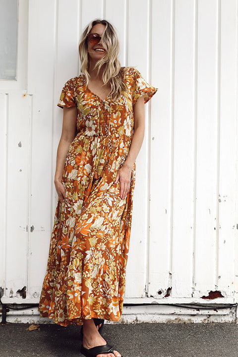 Grove Flutter Sleeve Maxi - Rust Dahlia Bloom