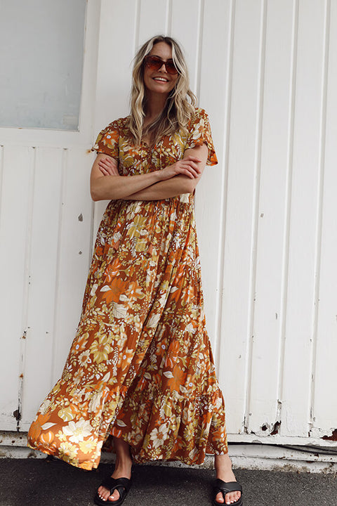 Grove Flutter Sleeve Maxi - Rust Dahlia Bloom