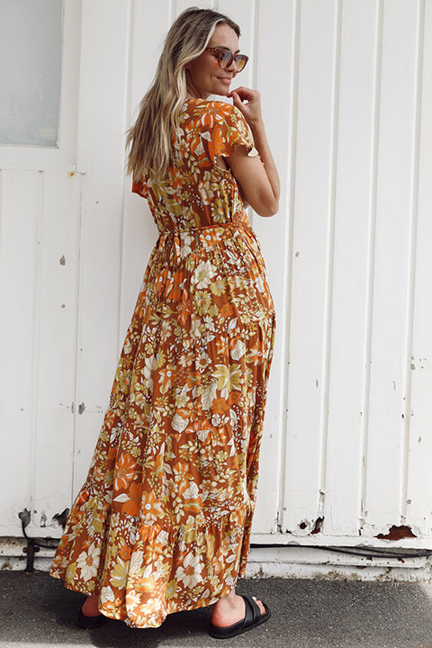 Grove Flutter Sleeve Maxi - Rust Dahlia Bloom