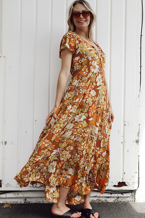 Grove Flutter Sleeve Maxi - Rust Dahlia Bloom