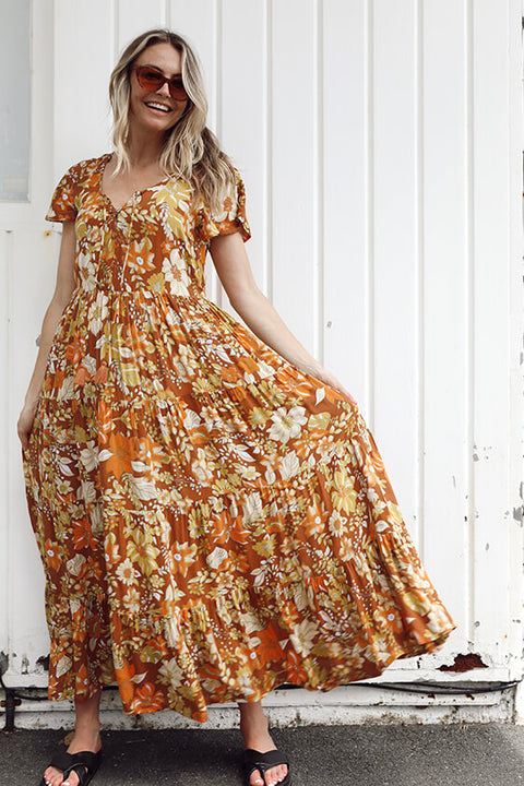 Grove Flutter Sleeve Maxi - Rust Dahlia Bloom