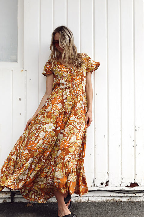 Grove Flutter Sleeve Maxi - Rust Dahlia Bloom