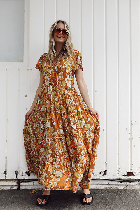 Grove Flutter Sleeve Maxi - Rust Dahlia Bloom