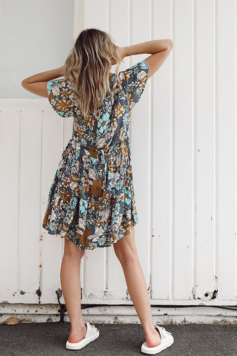 Grove Flutter Sleeve Mini Dress - Navy Dahlia Bloom