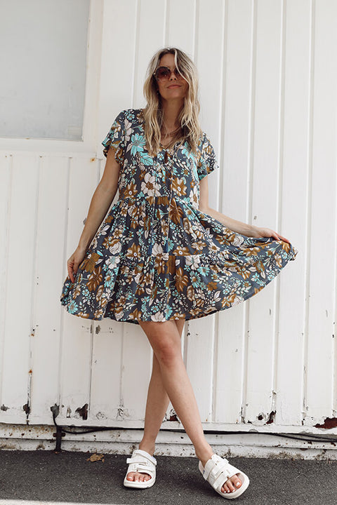 Grove Flutter Sleeve Mini Dress - Navy Dahlia Bloom