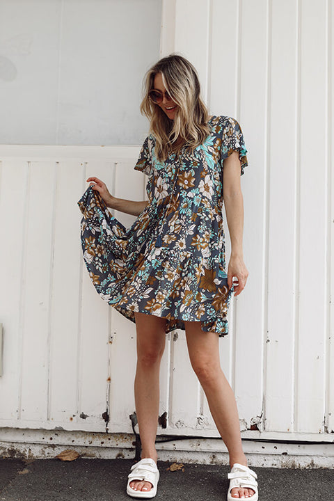 Grove Flutter Sleeve Mini Dress - Navy Dahlia Bloom