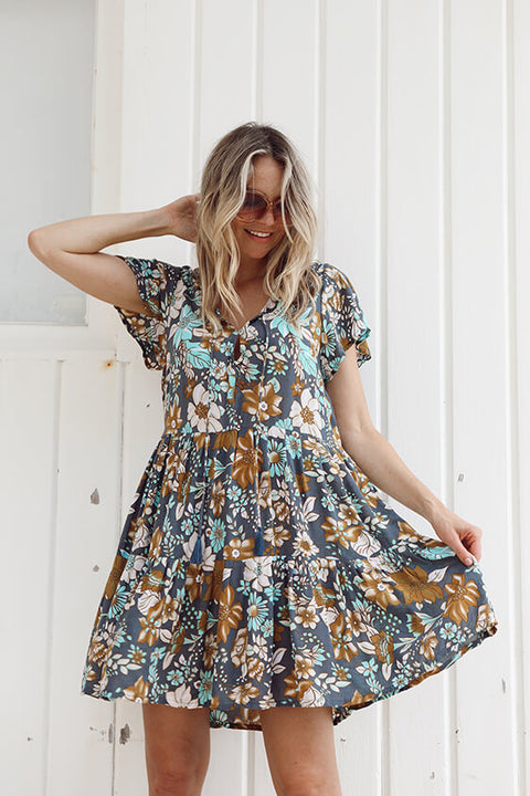 Grove Flutter Sleeve Mini Dress - Navy Dahlia Bloom