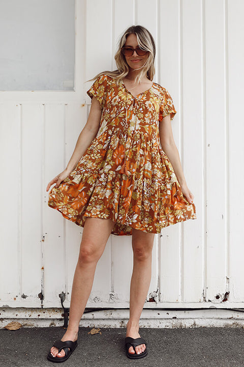 Grove Flutter Sleeve Mini Dress - Rust Dahlia Bloom