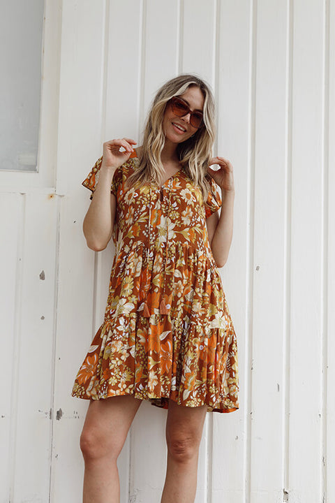 Grove Flutter Sleeve Mini Dress - Rust Dahlia Bloom