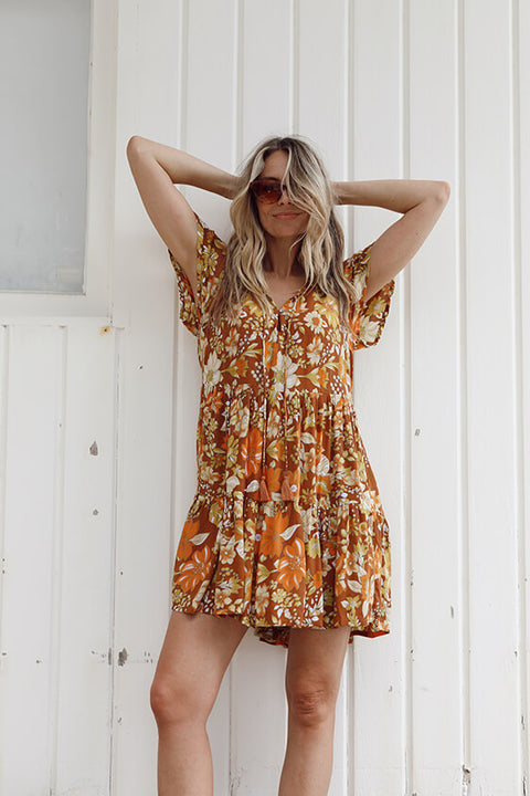 Grove Flutter Sleeve Mini Dress - Rust Dahlia Bloom