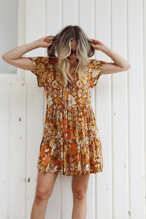 Grove Flutter Sleeve Mini Dress - Rust Dahlia Bloom