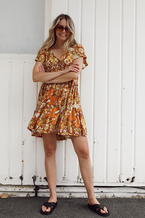 Grove Flutter Sleeve Mini Dress - Rust Dahlia Bloom