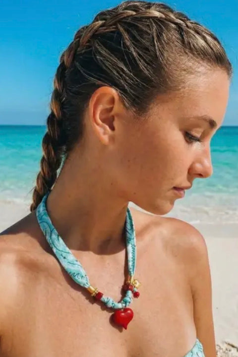 Turquoise Bandana Scarf Necklace with Large Red Heart Charm