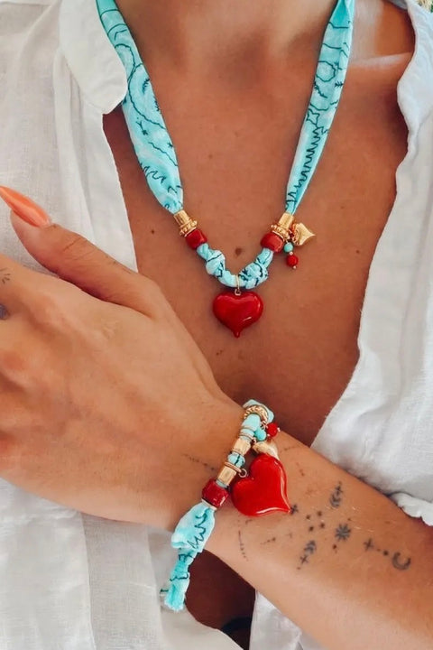 Turquoise Bandana Scarf Necklace with Large Red Heart Charm