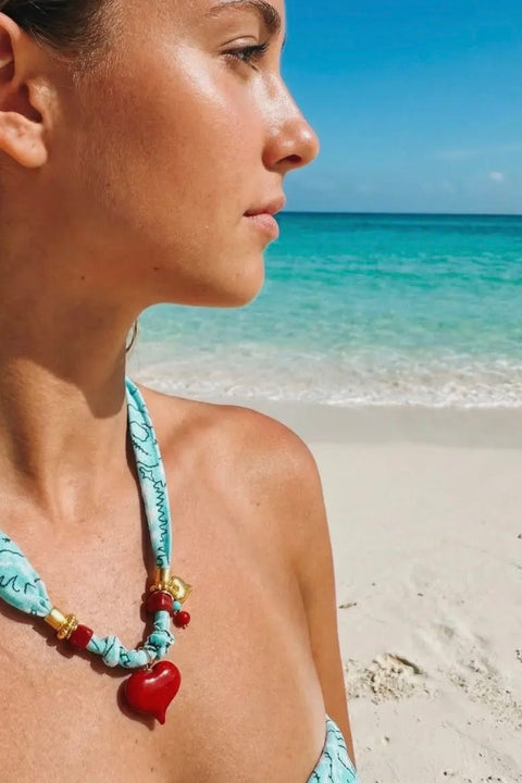 Turquoise Bandana Scarf Necklace with Large Red Heart Charm