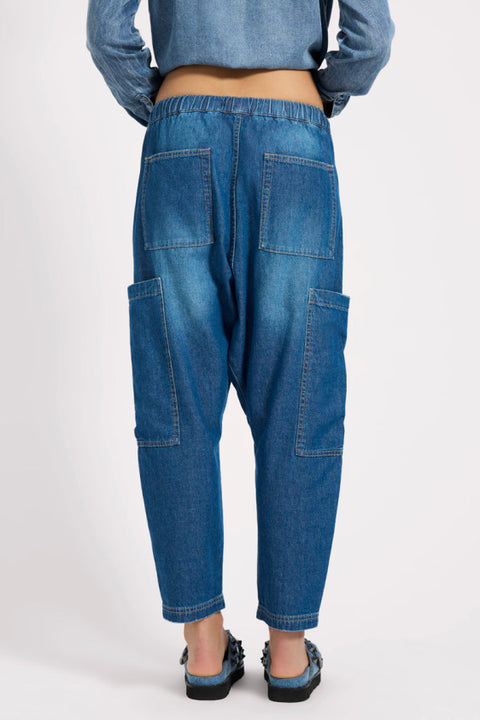 Isla Low Waist Drawstring Denim Harem Jeans - Pasadena Blue