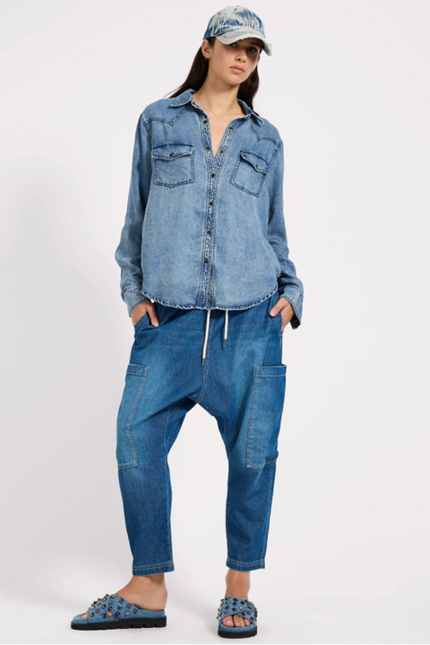 Isla Low Waist Drawstring Denim Harem Jeans - Pasadena Blue