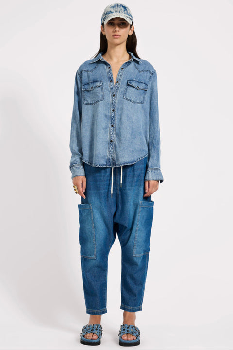 Isla Low Waist Drawstring Denim Harem Jeans - Pasadena Blue