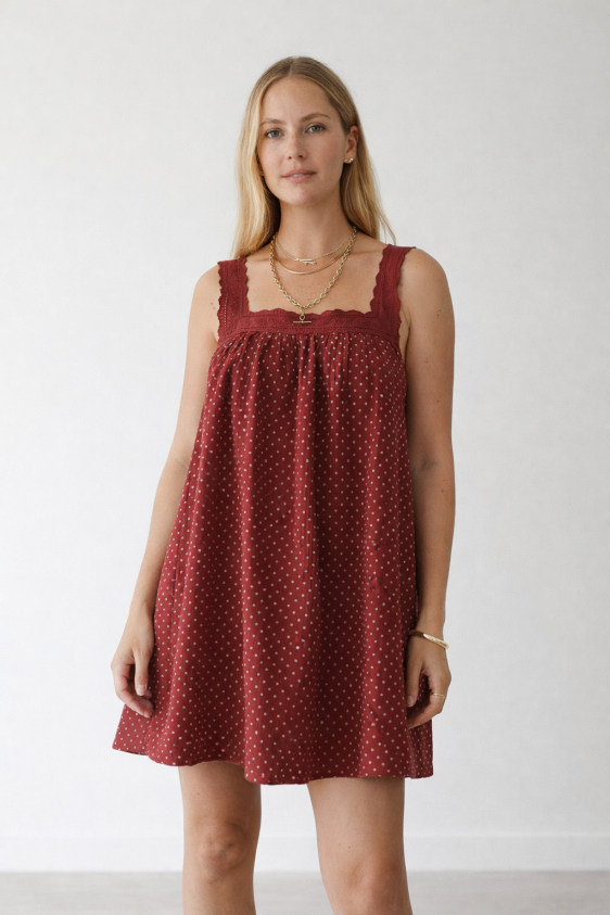 Juno Lace Neck Mini Dress - Choc Polka Dot Neon Collective Juno Lace Neck Mini Dress - Choc Polka Dot Neon Collective
