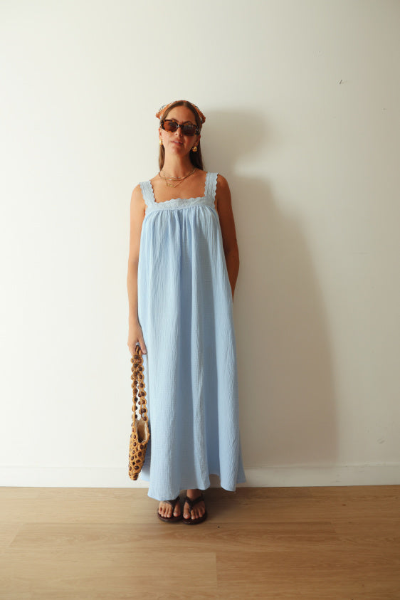 Juno Lace Neck Maxi Slip Dress - Baby Blue