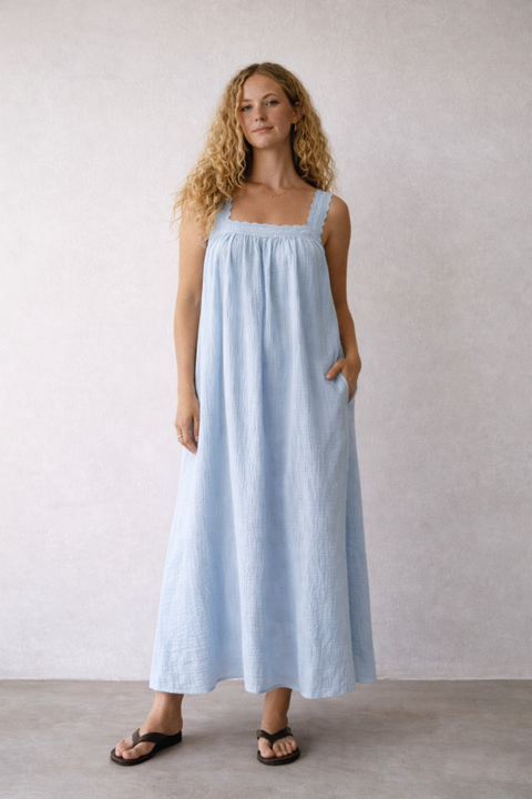 Juno Lace Neck Maxi Slip Dress - Baby Blue