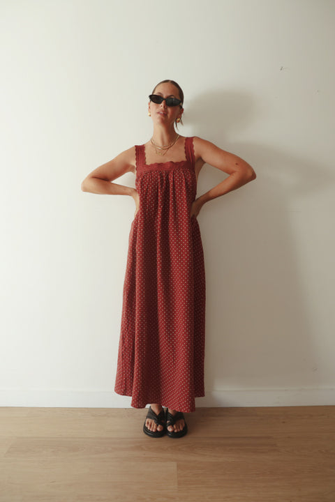 Juno Lace Neck Maxi Slip Dress - Choc Polka Dot