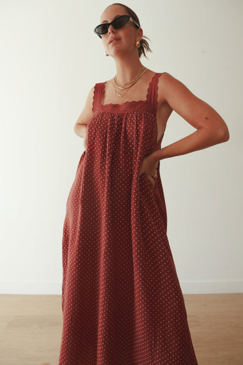 Juno Lace Neck Maxi Slip Dress - Choc Polka Dot