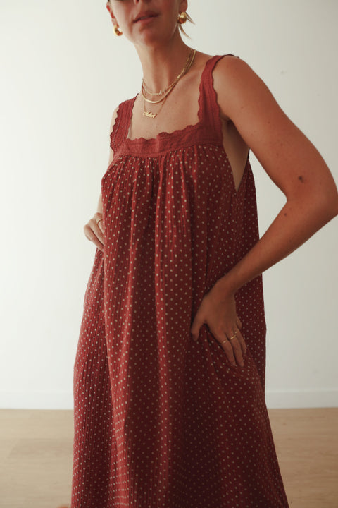 Juno Lace Neck Maxi Slip Dress - Choc Polka Dot