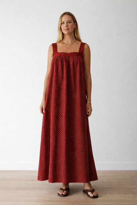 Juno Lace Neck Maxi Slip Dress - Choc Polka Dot
