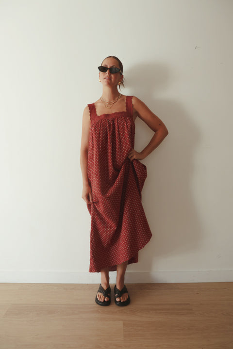 Juno Lace Neck Maxi Slip Dress - Choc Polka Dot