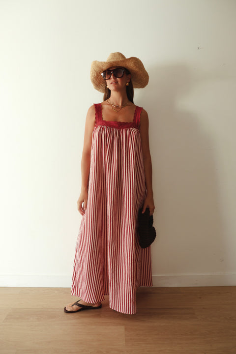 Juno Lace Neck Maxi Slip Dress - Wine + Pink Stripe
