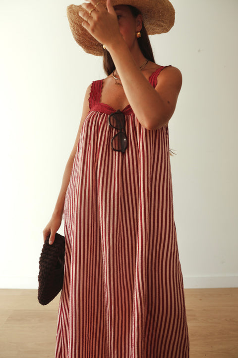 Juno Lace Neck Maxi Slip Dress - Wine + Pink Stripe