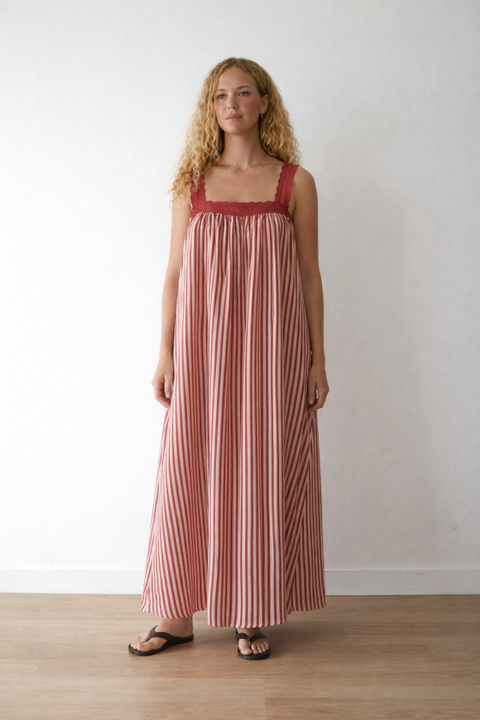 Juno Lace Neck Maxi Slip Dress - Wine + Pink Stripe