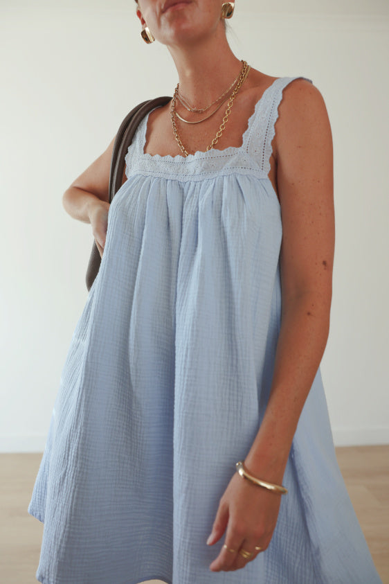 Juno Lace Neck Mini Dress - Baby Blue