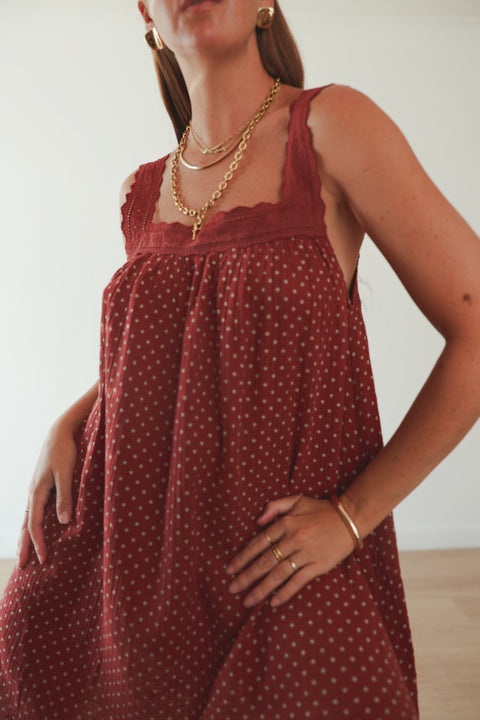 Juno Lace Neck Mini Dress - Choc Polka Dot