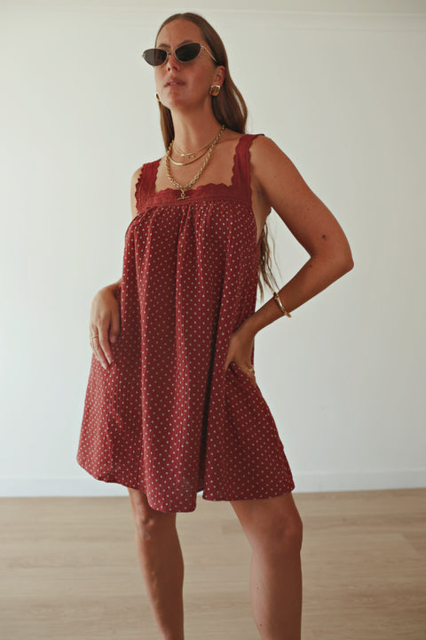 Juno Lace Neck Mini Dress - Choc Polka Dot