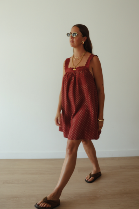 Juno Lace Neck Mini Dress - Choc Polka Dot