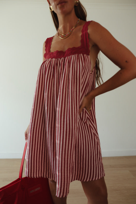 Juno Lace Neck Mini Dress - Wine + Pink Stripe